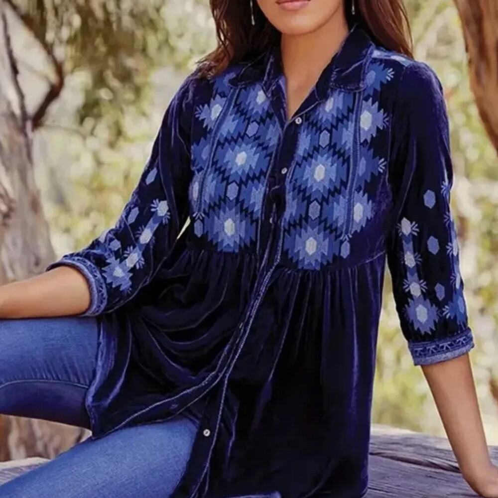 Johnny Was Navy and Light Blue Embroidered Blouse